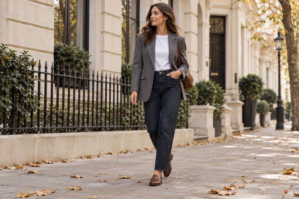 Look de otoño con americana gris, camiseta blanca, vaqueros oscuros y mocasines