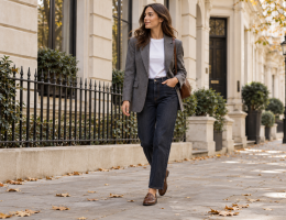 Look de otoño con americana gris, camiseta blanca, vaqueros oscuros y mocasines