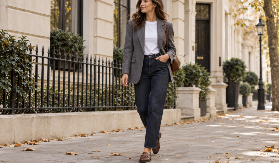 Look de otoño con americana gris, camiseta blanca, vaqueros oscuros y mocasines