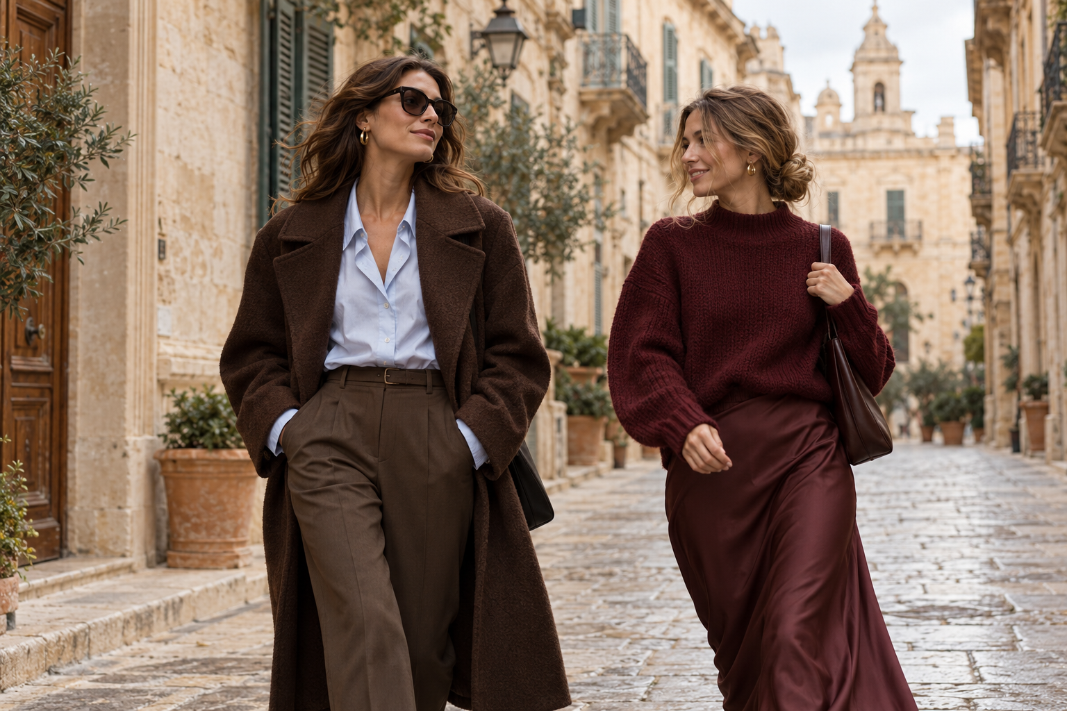 Dos looks de otoño en tonos chocolate y burdeos en una calle mediterránea