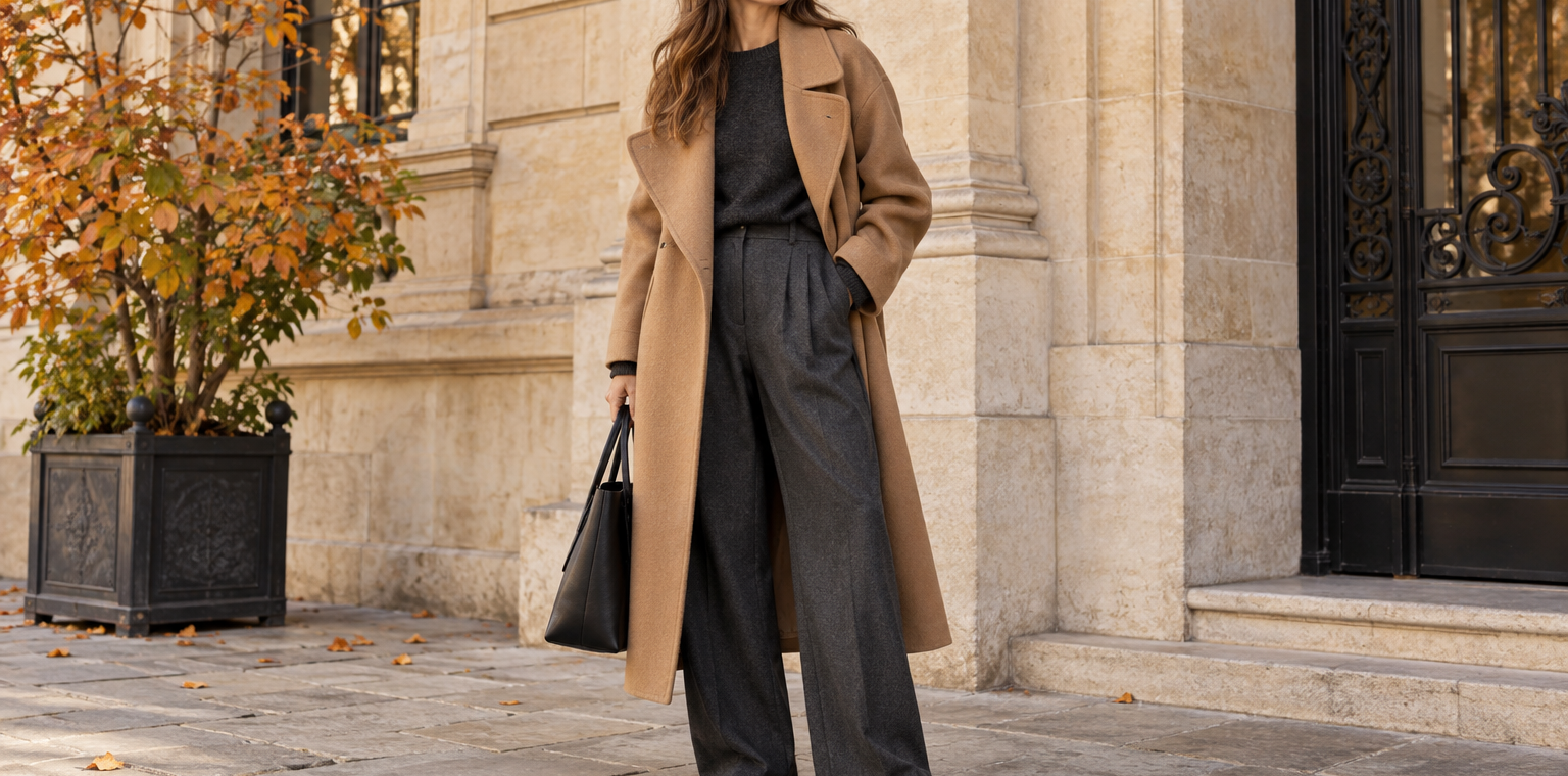 Abrigo camel amplio con jersey y pantalón de sastrería gris