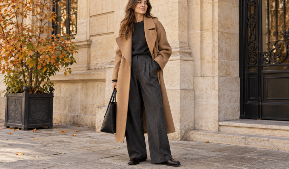 Abrigo camel amplio con jersey y pantalón de sastrería gris