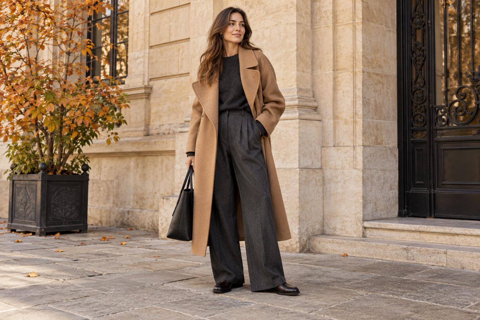 Abrigo camel con pantalón de sastrería gris